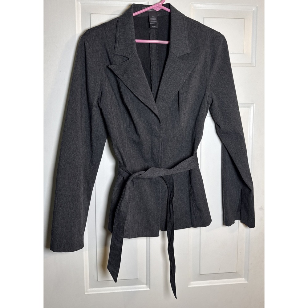 Bisou Bisou Women's Blazer Jacket Size 12 Gray Stretch Belted Career Office